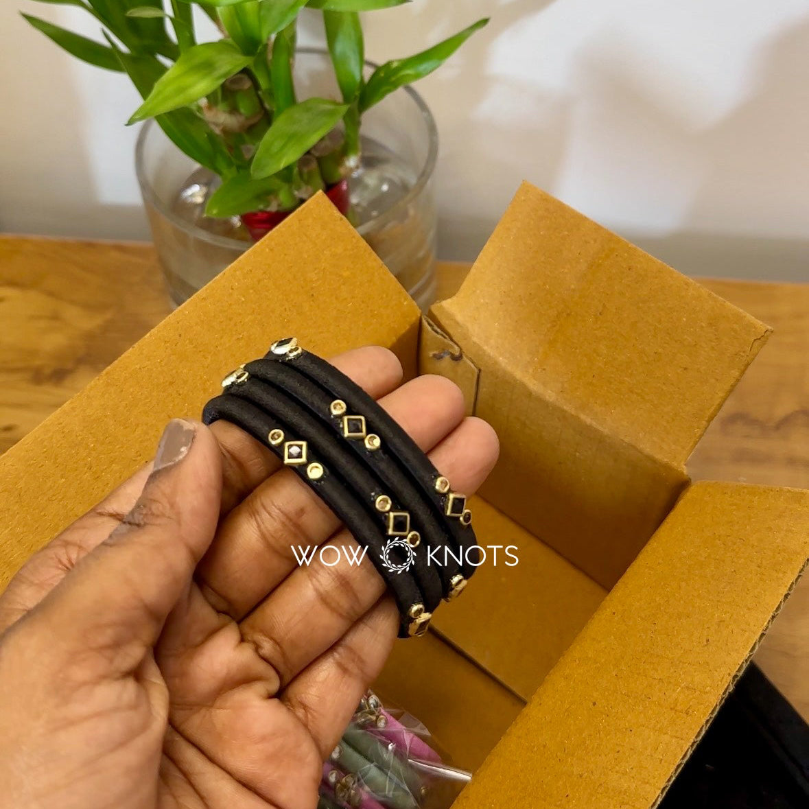 Black Silk Thread Kundan Bangles - Sleek Set in Square and Gold Glossy Round