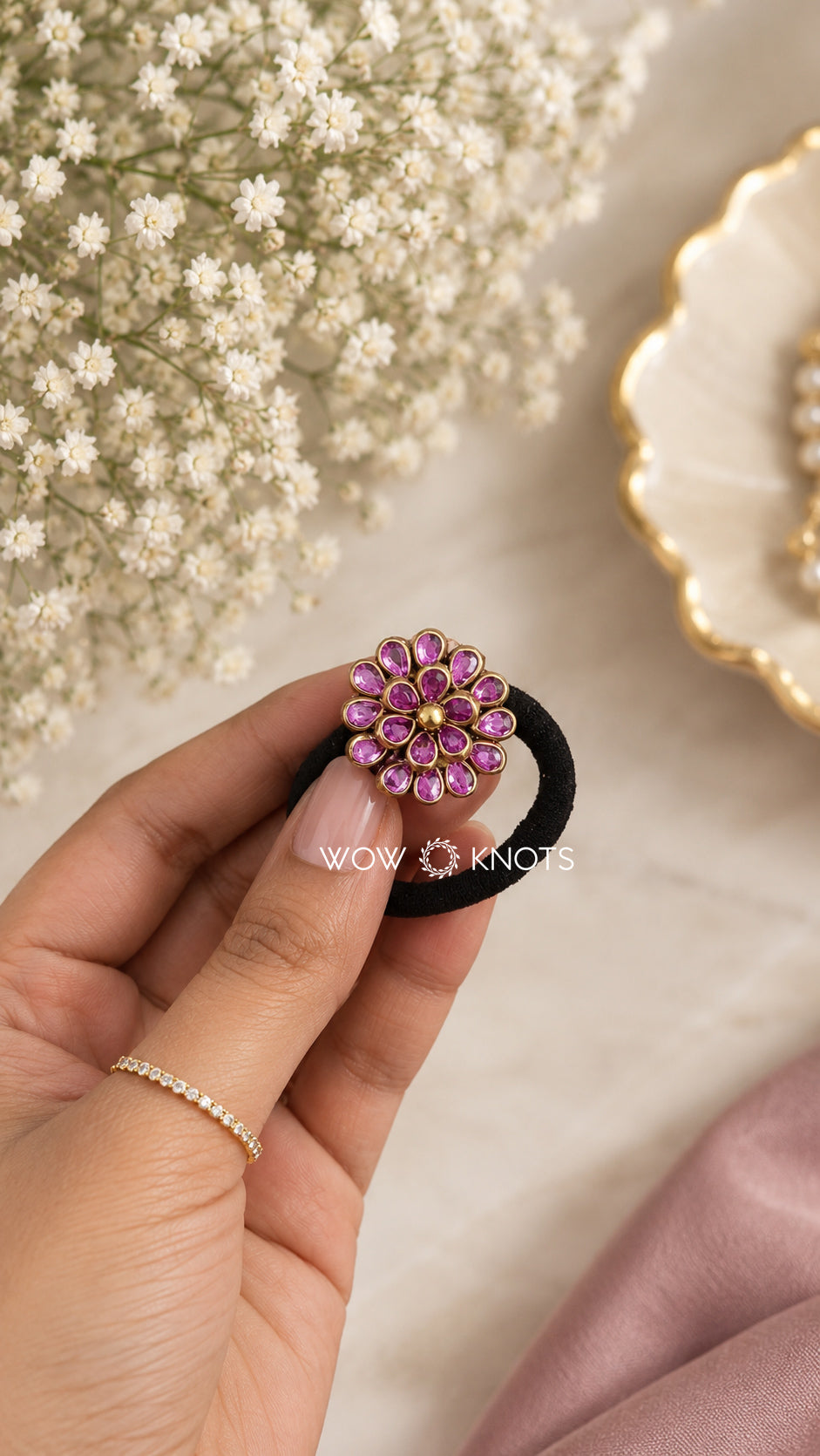 Lavender Kundan Floral Hair Tie for Women | Traditional Ethnic Hair Accessory