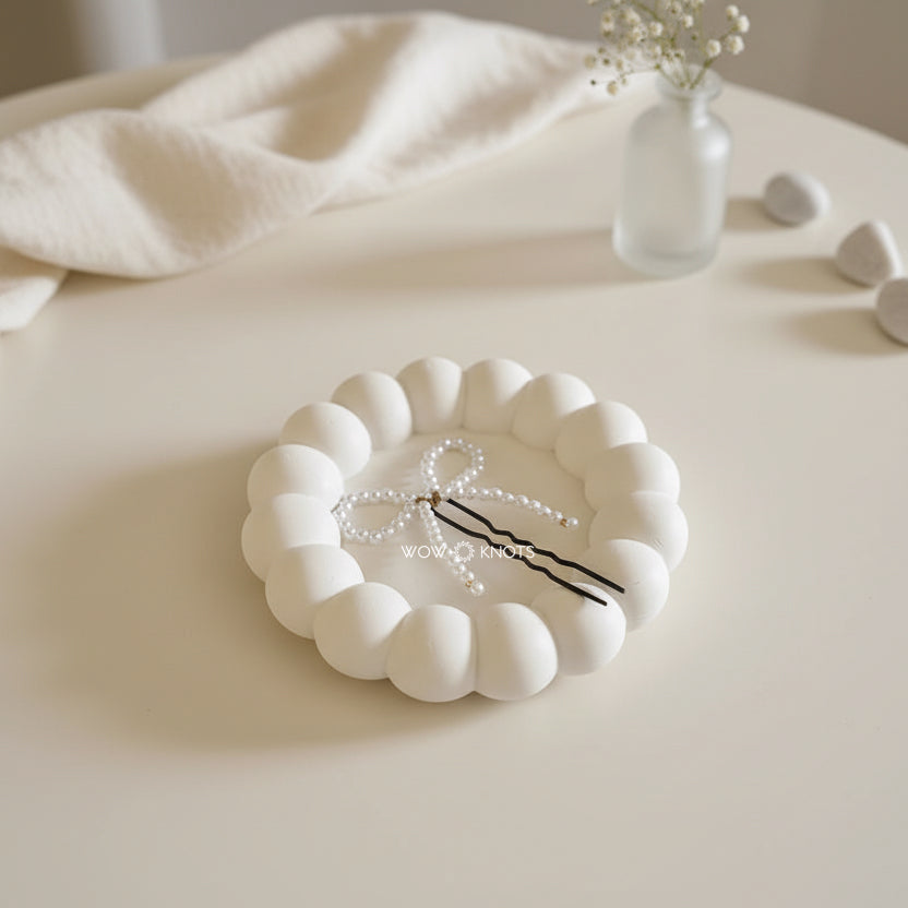 White Pearl Bow Hair Pin – Minimal Handmade Hair Accessory