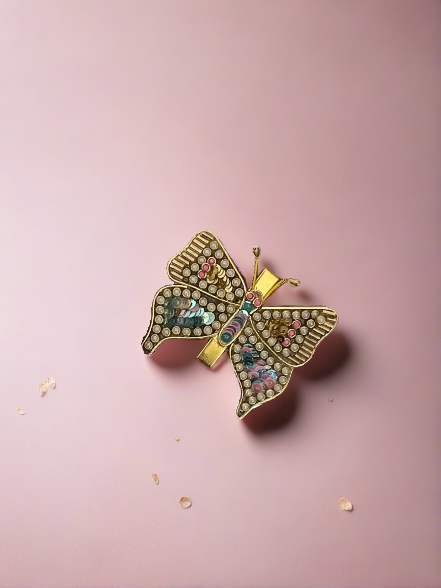 Sequins, Beads and Kundan Butterfly Alligator Hair Clips/Kundan Hair Accessories/Kundan Hair Clips(Golden Beads, Pearl White and pink Kundans, Blue Pink Shade Rainbow Sequins)