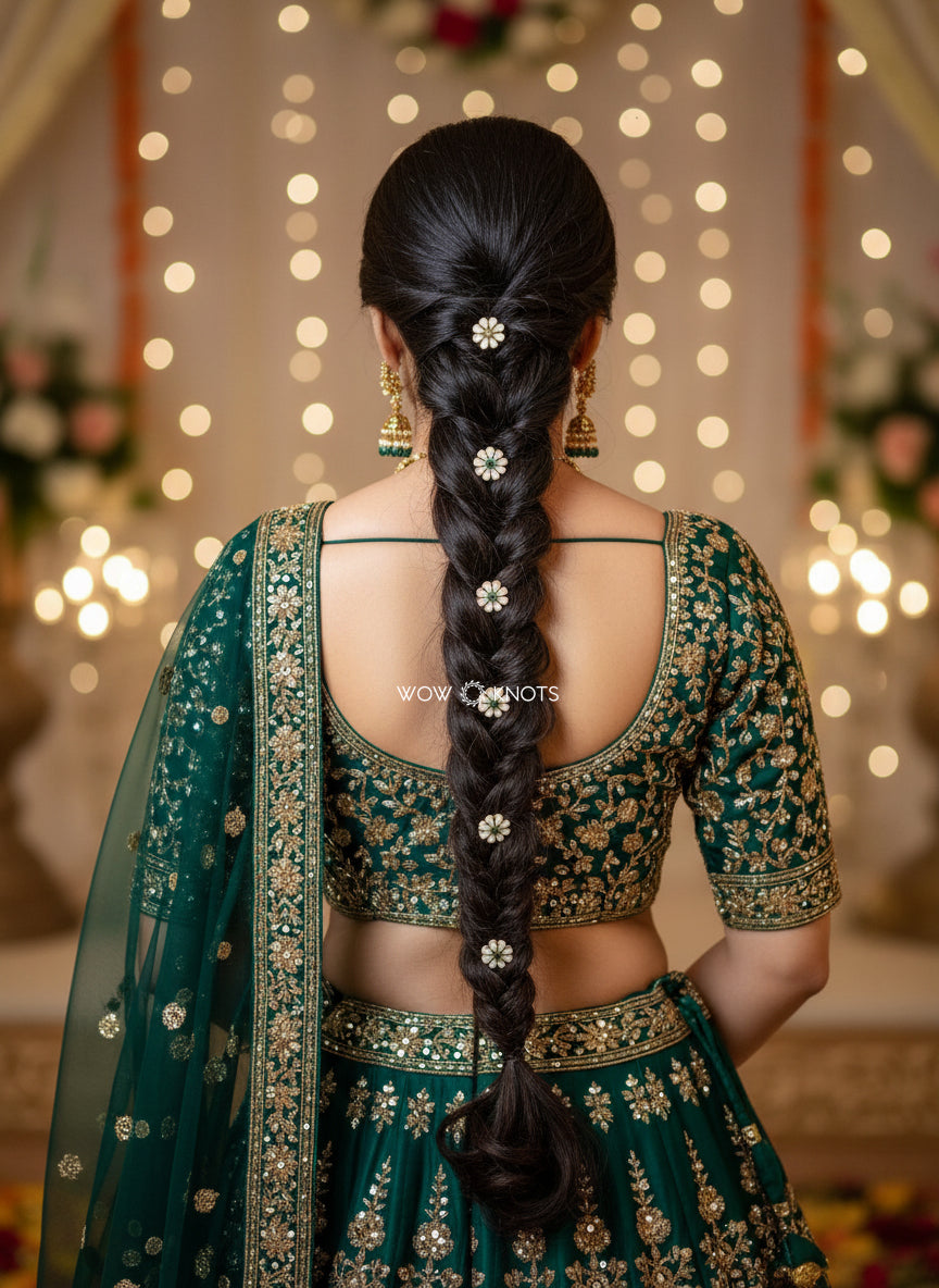 Handmade Kundan Flower Hair Pins in White and Green (Pack of 5 Comb Pins)