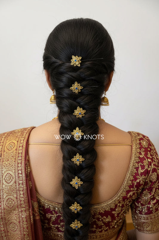 Handmade 2 Layer Kundan Sunflower Hair Pins in Dark Blue and Gold (Pack of 5 U Pins)