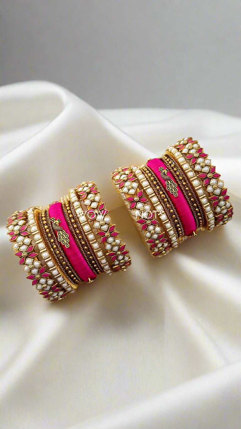 Pink and White Peacock Charam Kundan Bridal Bangle Set