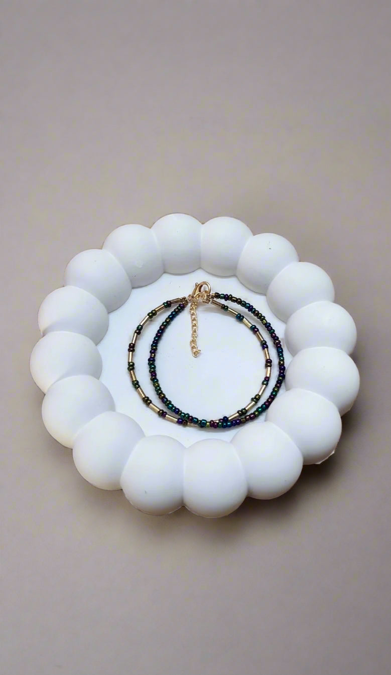 Two Layer Gold Tube Bead with Peacock Seed Beaded Bracelet