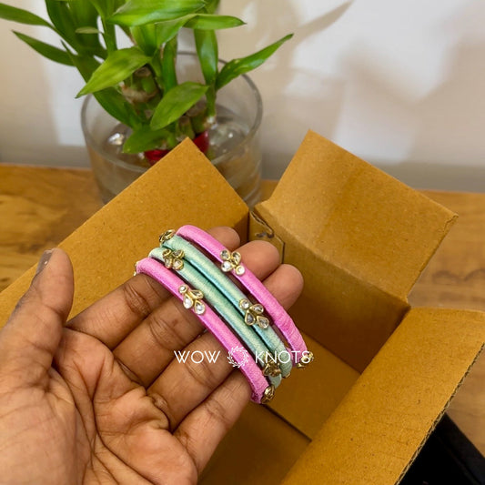 Pink and Mint Silk Thread Kundan Bangles - Sleek Set (Silver Glossy Drop and Round Kundans)