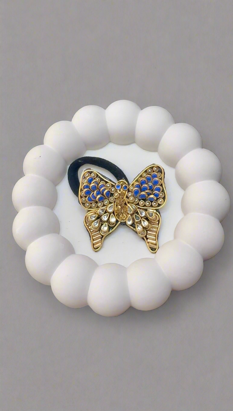Navy Blue and Gold Kundan Butterfly Hair Tie