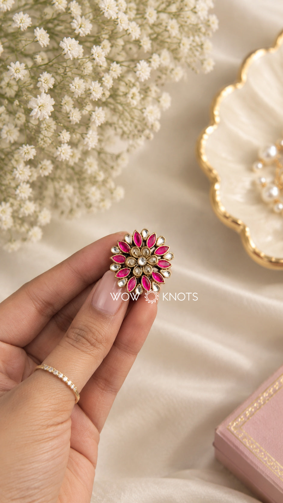 Pink Kundan Floral Hair Tie for Women | Traditional Ethnic Hair Accessory