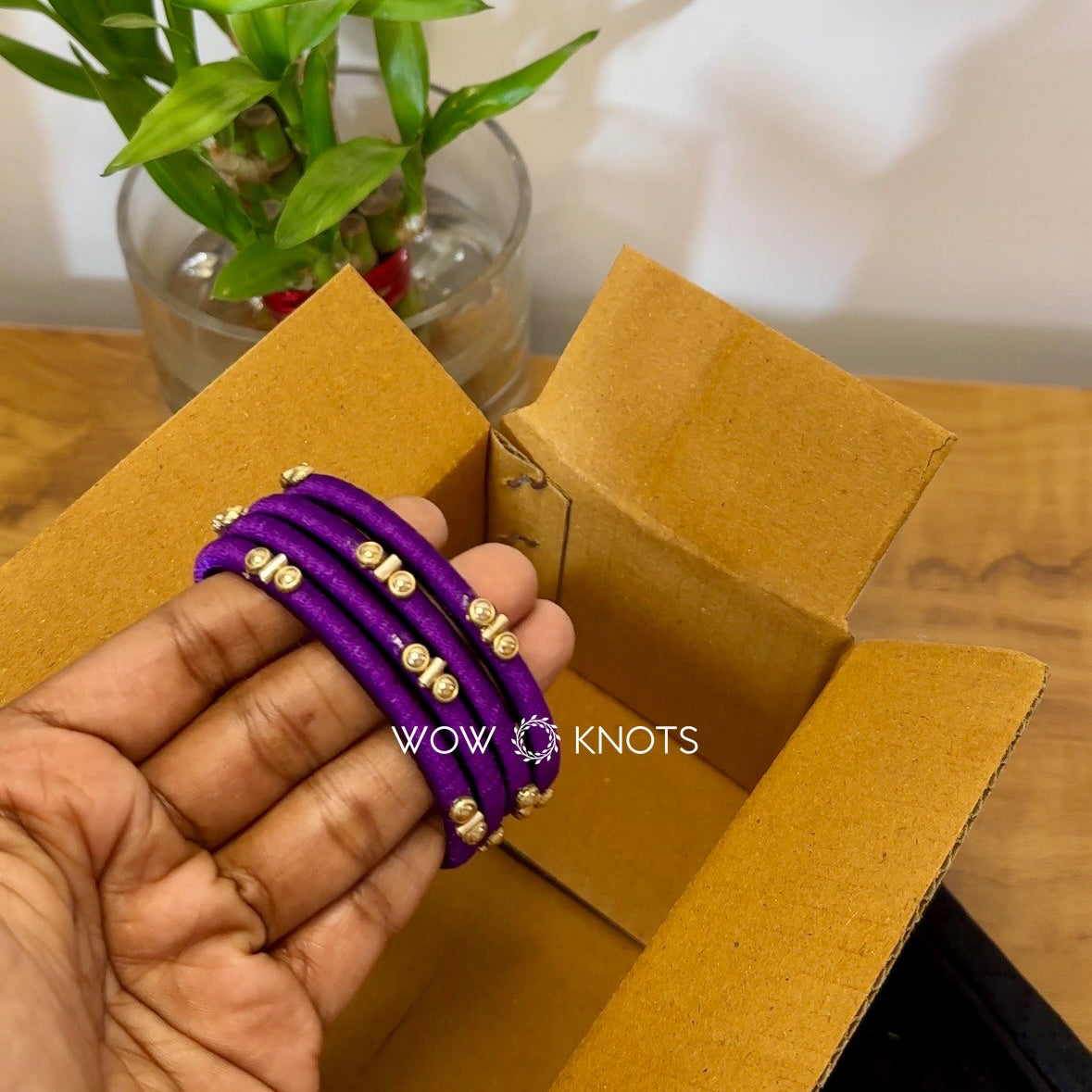 Purple Silk Thread Kundan Bangles - Sleek Set - Pearl Gold Kundan and Pipe Beads