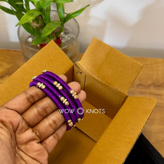 Purple Silk Thread Kundan Bangles - Sleek Set - Pearl Gold Kundan and Pipe Beads