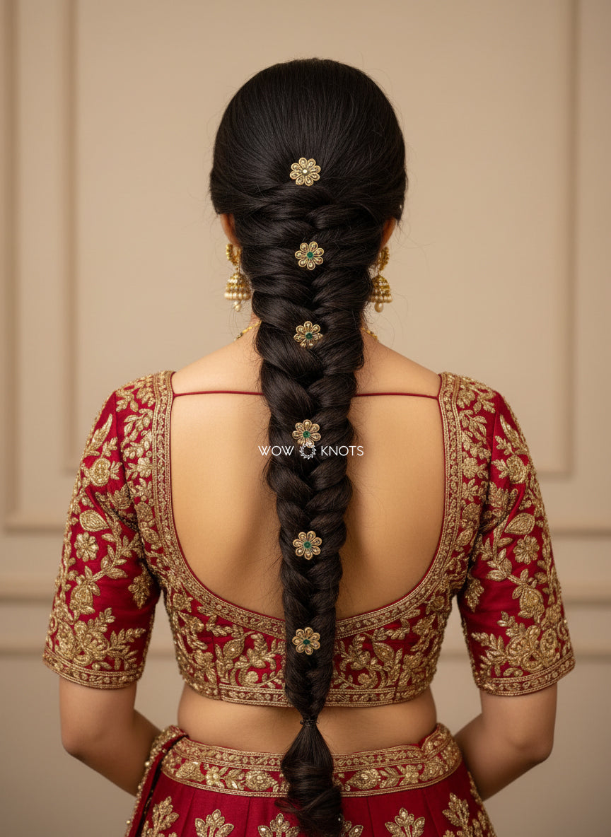 Handmade Kundan Flower Hair Pins in Pearl Gold and Green (Pack of 5 Comb Pins)