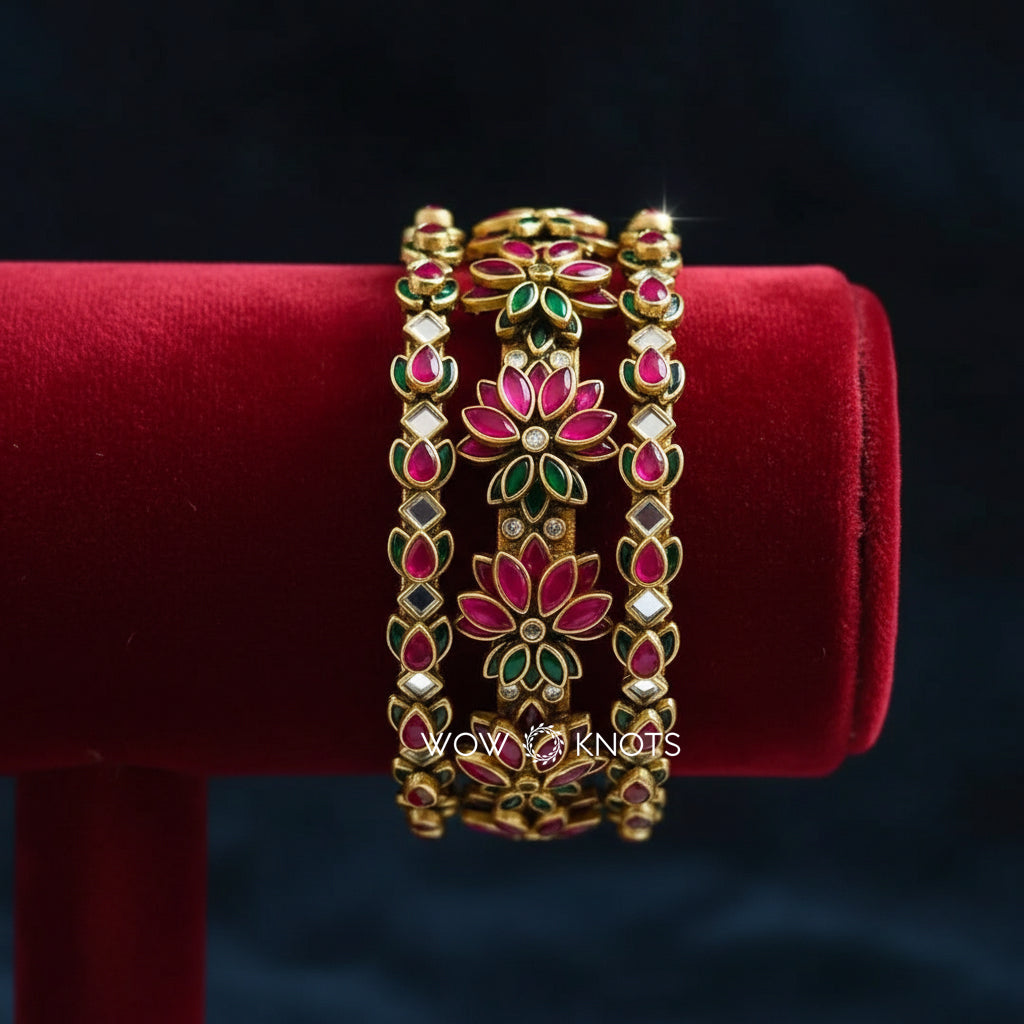 Glossy 3D Pink Lotus Kundan Bangle Set