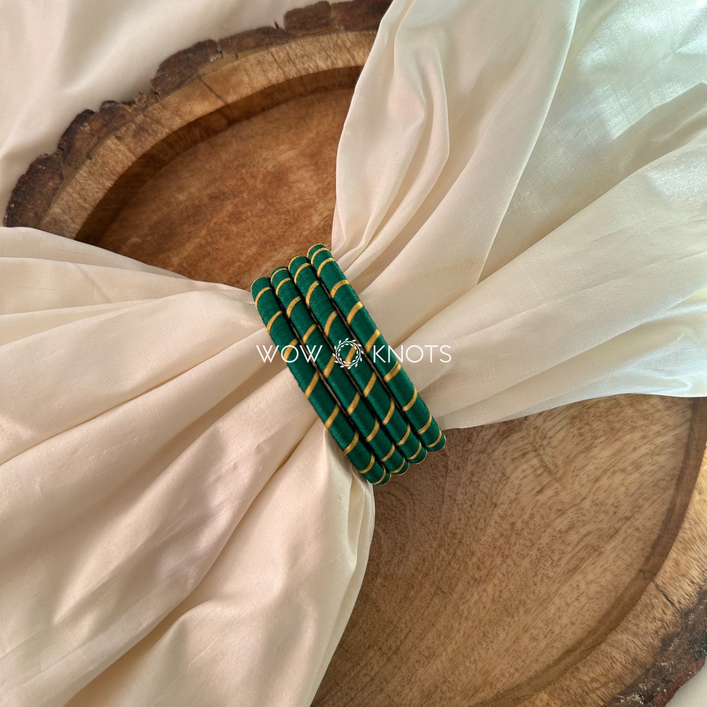 Green Silk Thread Kundan Bangles - Sleek Set - Gold Silk Thread