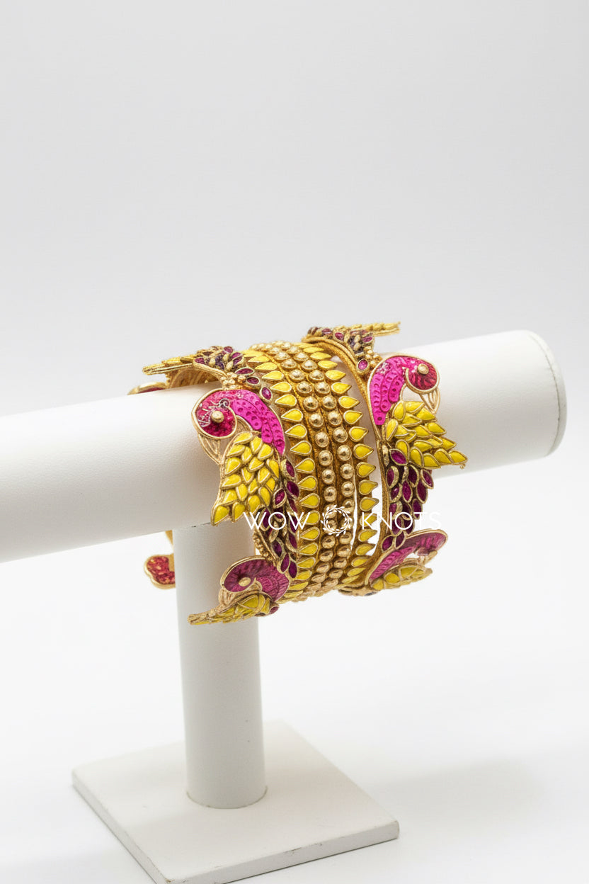 Parrot Kada Kundan Bangle Set in Yellow and Pink