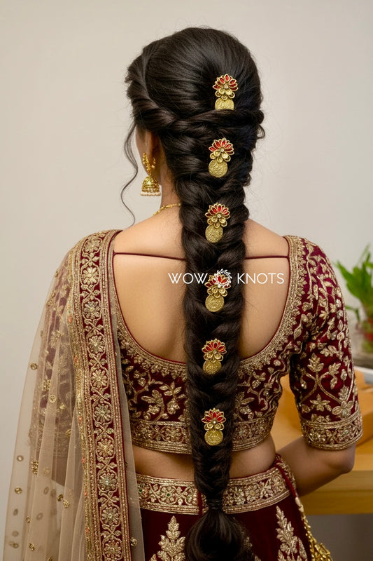 Handmade 3 Layer Kundan Lotus with Coin Hair Pins in Red and Gold (Pack of 5 U Pins)