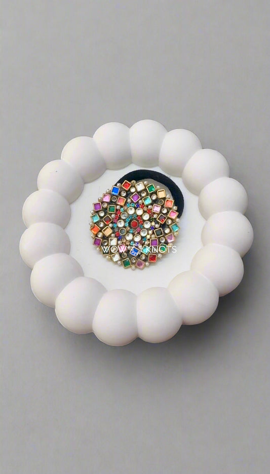 Big Multi colour Square Kundan Rubber Band/Hair Tie