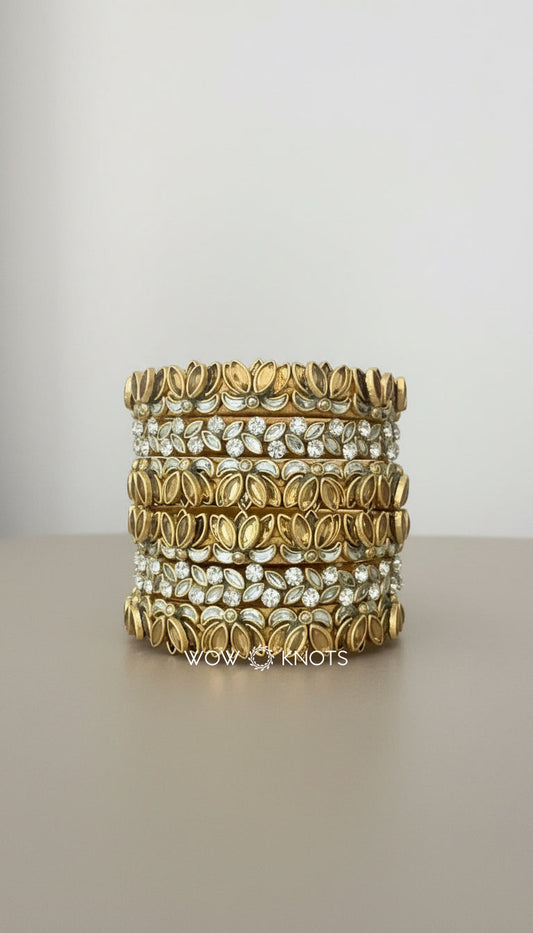 Gold and Silver 3D Lotus and Petal Bangle Set