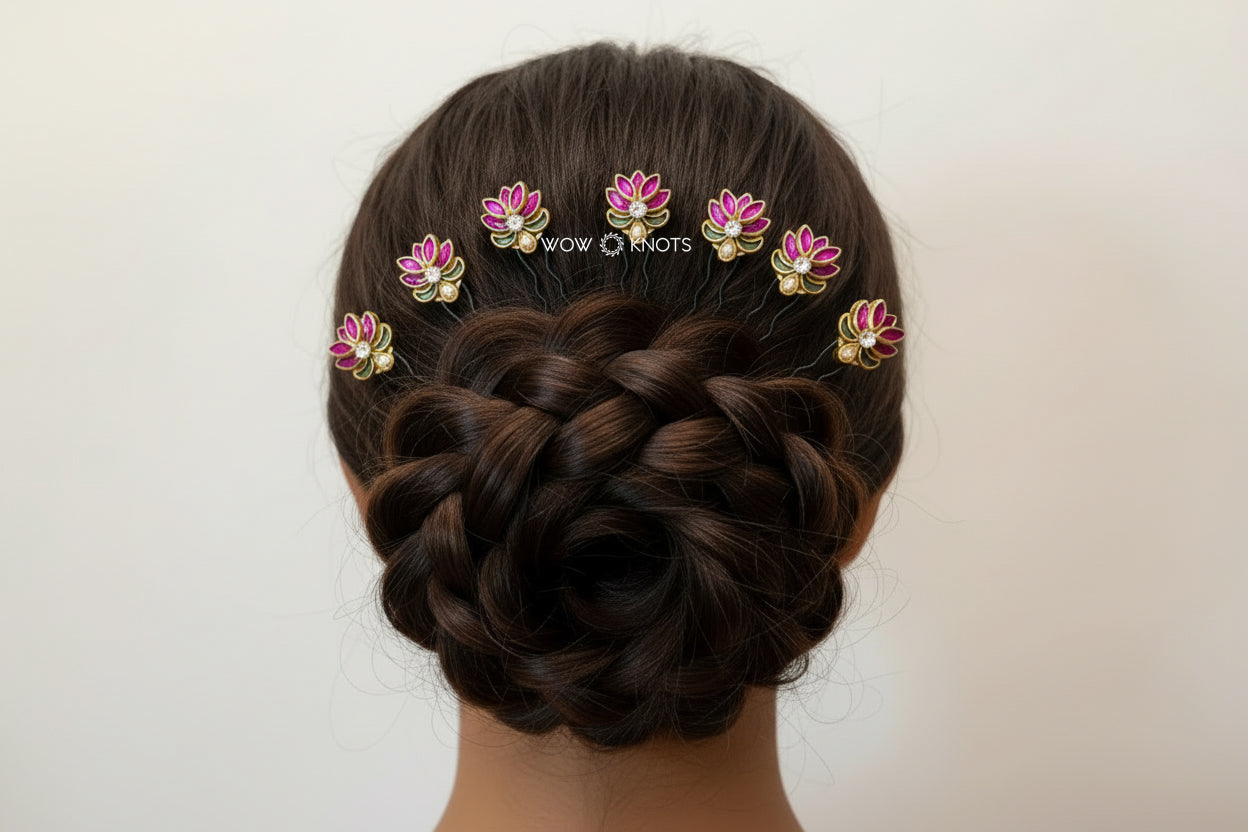 Lotus Kundan Hair Pins Set of 5 | Bridal Bun Hair Accessories