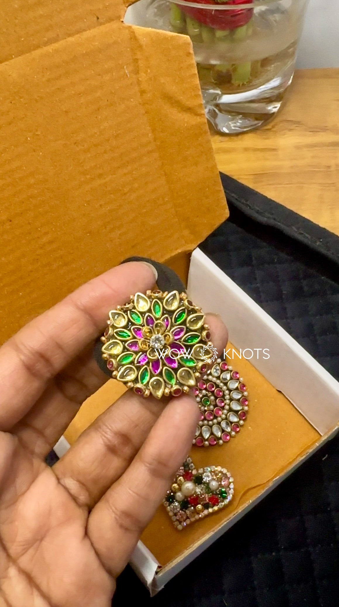 3D Flower Kundan Rubber Band/Hair Tie - Gold, Green and Pink