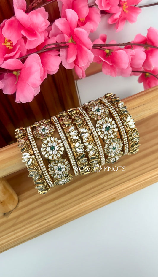 Crystal Flower Center Bangle with Lotus Side Bangle Bridal Set
