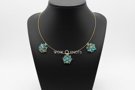 Handmade 3D Petal Flower 3 Charm Kundan Invisible Necklace in Blue