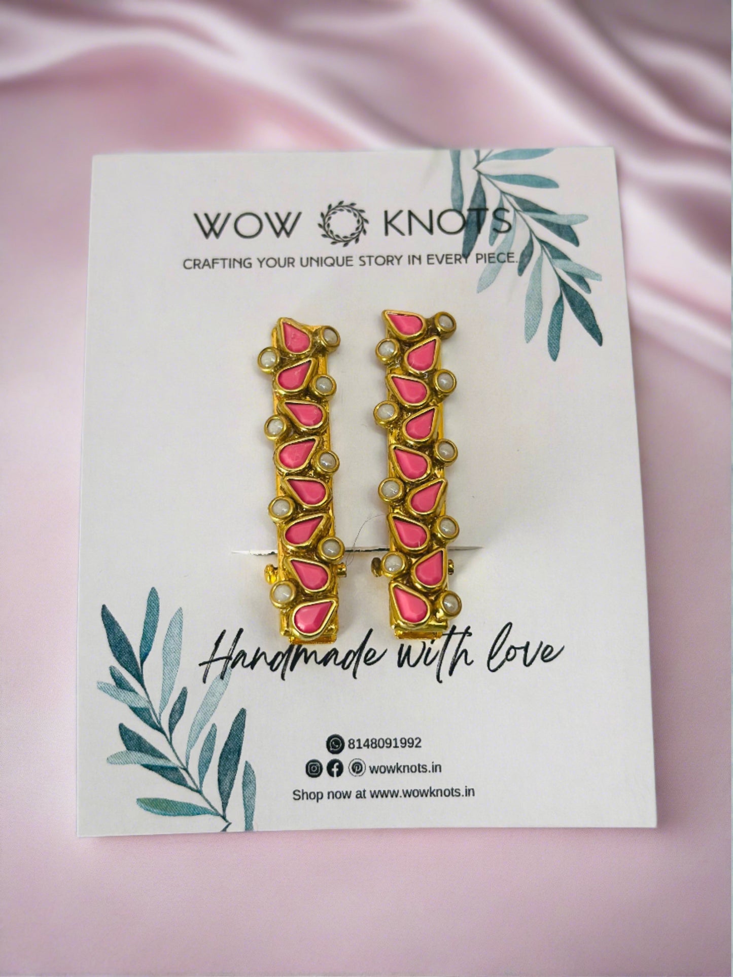 Alligator Kundan Hair Clips/Kundan Hair Accessories/Kundan Hair Clips/Pearl White and Pink Kundan Hair Clips(Pearl White and Baby Pink Drop Kundans)
