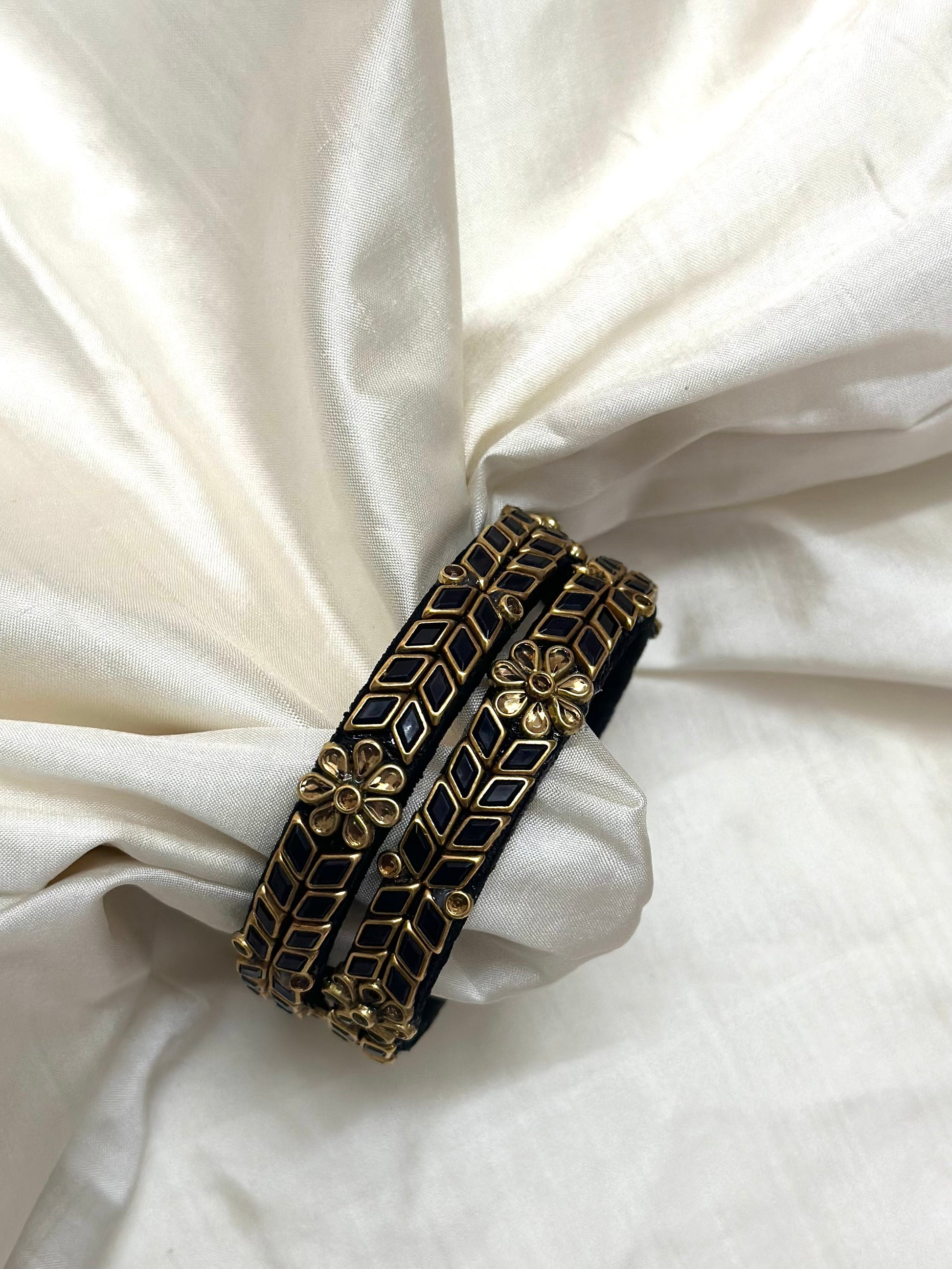 Black Silk Thread Kada Kundan Bangles(Black Diamond and Gold Glossy Small Drop and Round Kundans)