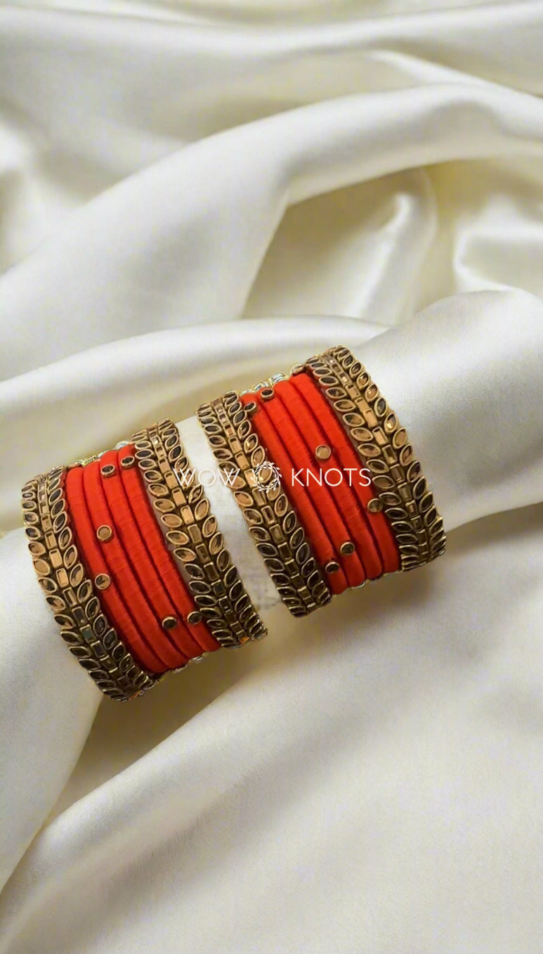 Orange and Gold Combination Kundan Bangle Set