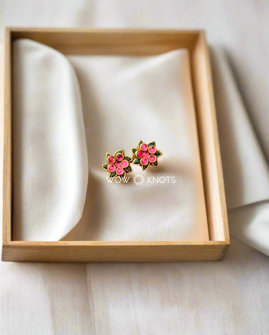 Handmade 3D Rose Stud Earrings - Green, Pink and Orange Kundan Stones