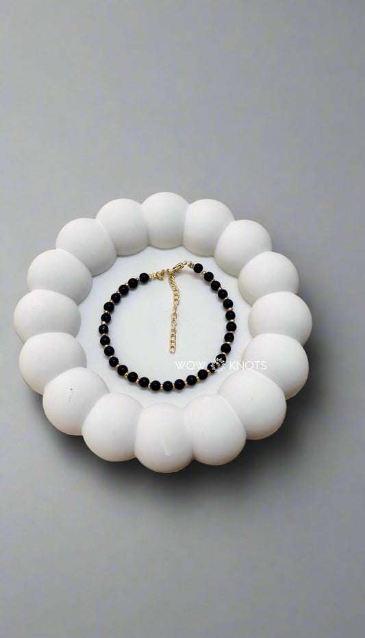 Black Glass Bead with Gold Seed Bead Bracelet
