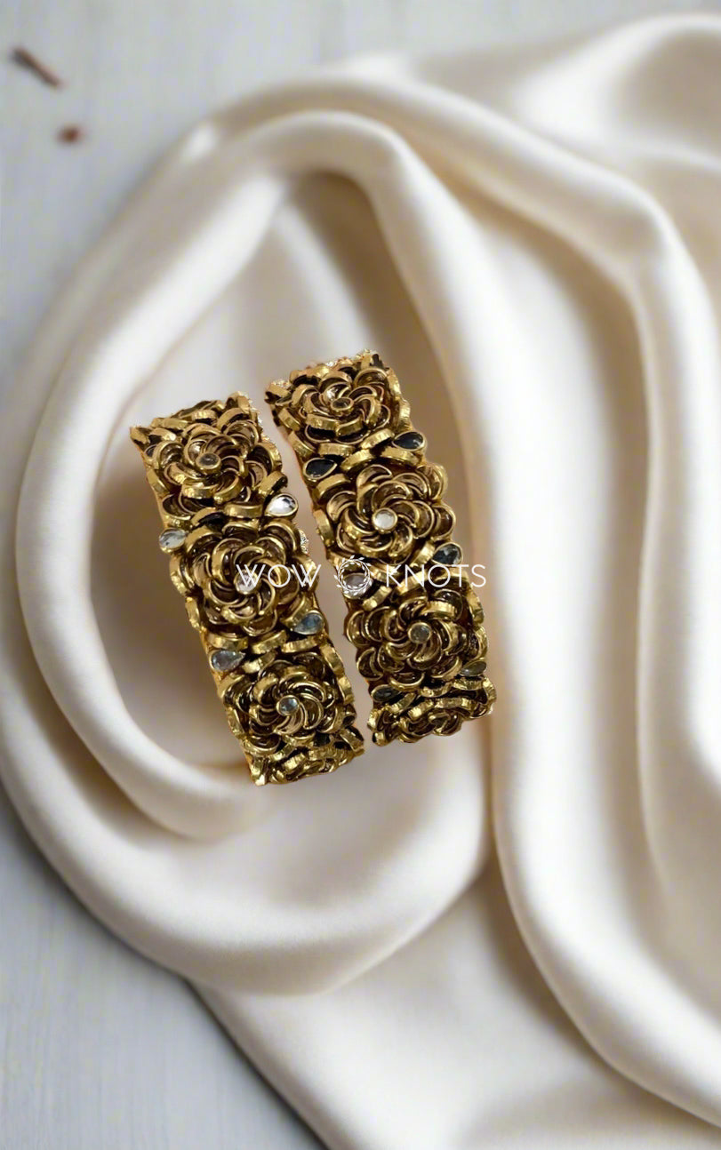 3D Rose Kada Kundan Bangle Set - Gold and Silver Set