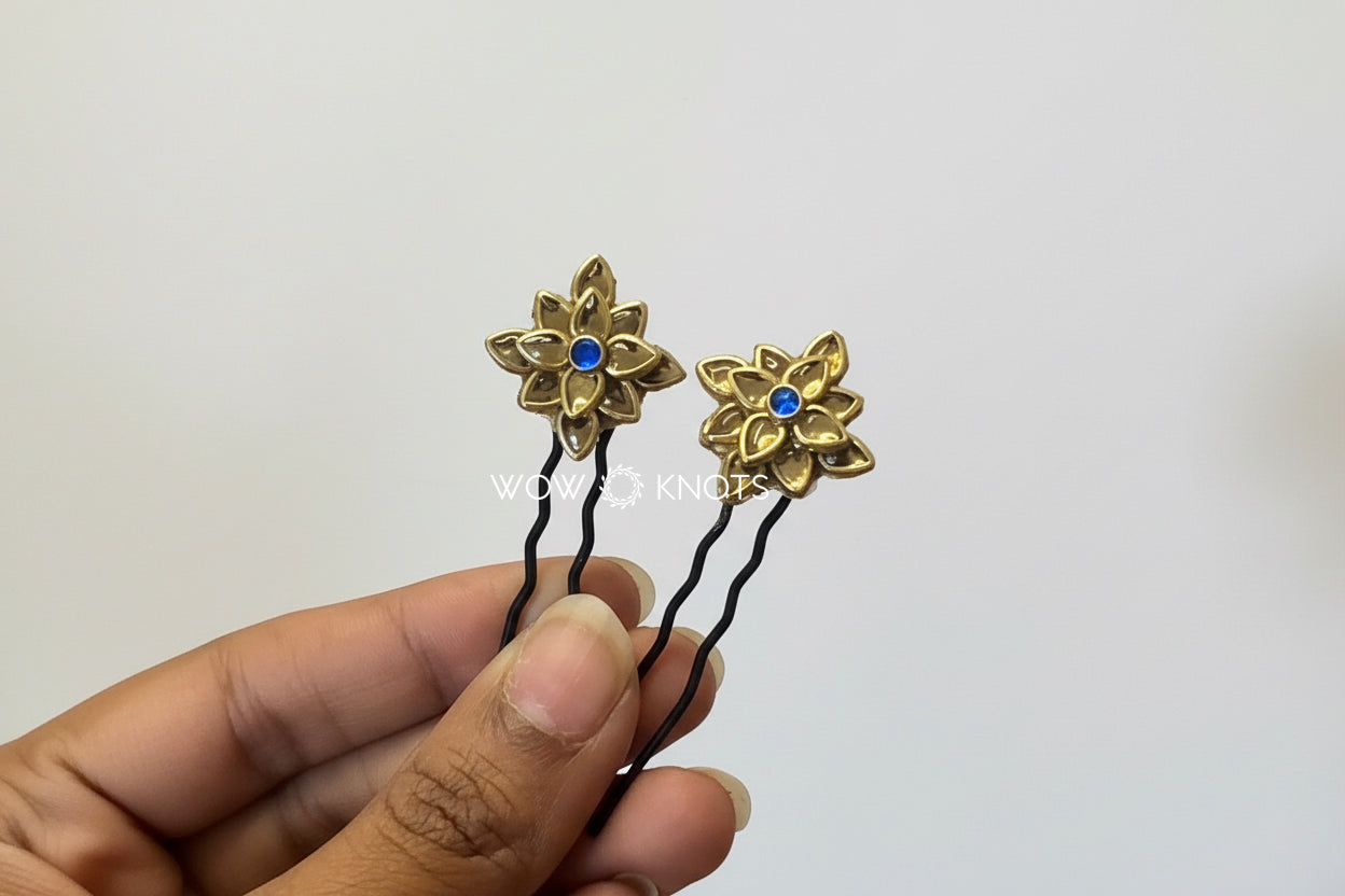 Handmade 2 Layer Kundan Sunflower Hair Pins in Dark Blue and Gold (Pack of 5 U Pins)