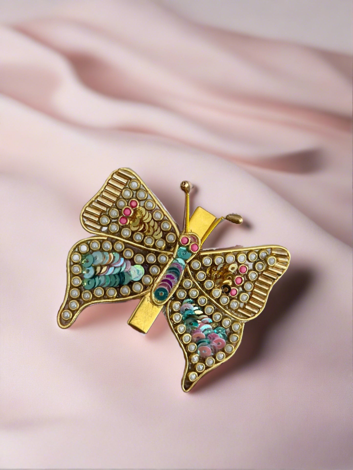 Sequins, Beads and Kundan Butterfly Alligator Hair Clips/Kundan Hair Accessories/Kundan Hair Clips(Golden Beads, Pearl White and pink Kundans, Blue Pink Shade Rainbow Sequins)