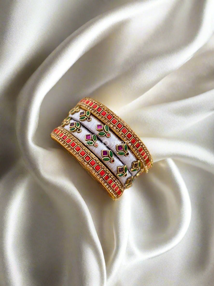 Red and Bluish Grey Kundan Bangles