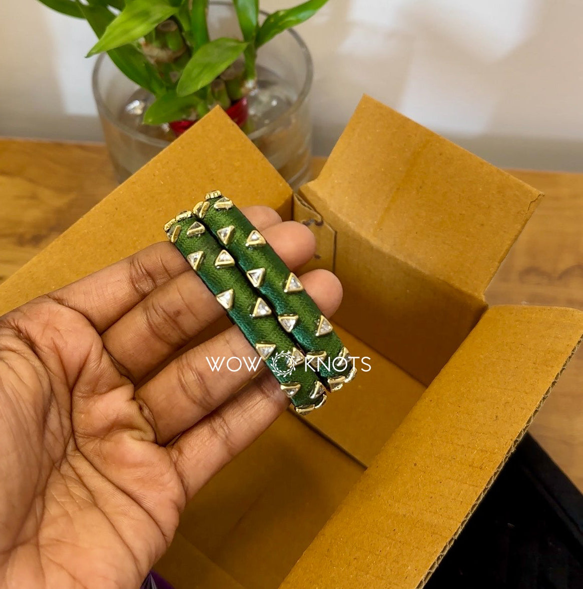 Green Triangle Kada Kundan Bangles