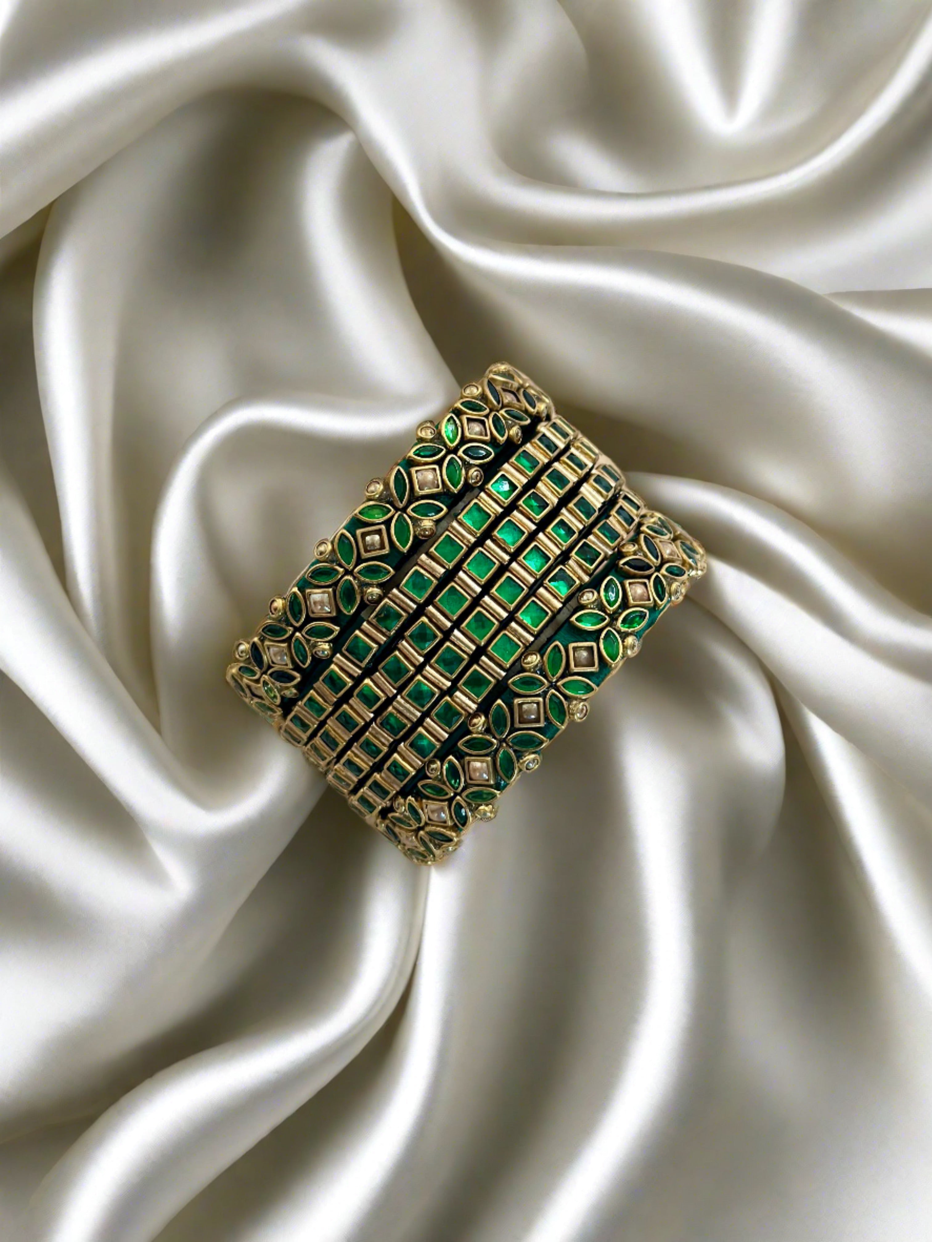 Green and Gold Silk Thread Kundan Bangle Set(Butterfly Kada Pair and S ...