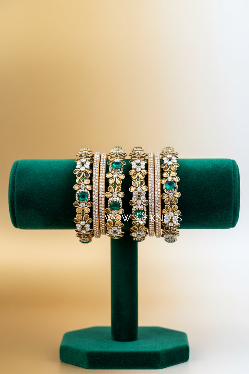 Glossy Gold and Green Crystal Kada Bridal Bangle Set