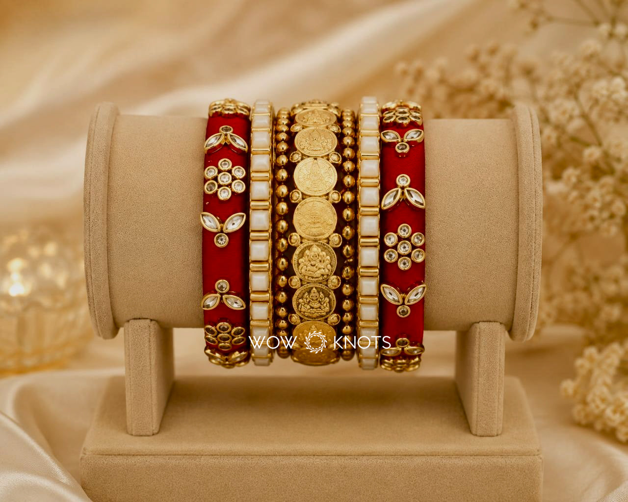 Red and White Coin Kada Bridal Bangle Set
