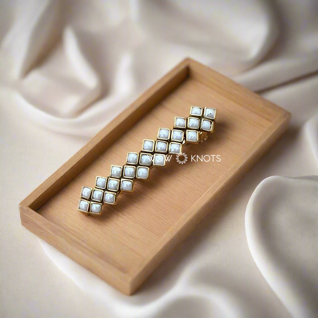 Pearl White Triple Row Square Kundan Centre Hair Clip/ Barrette Clip