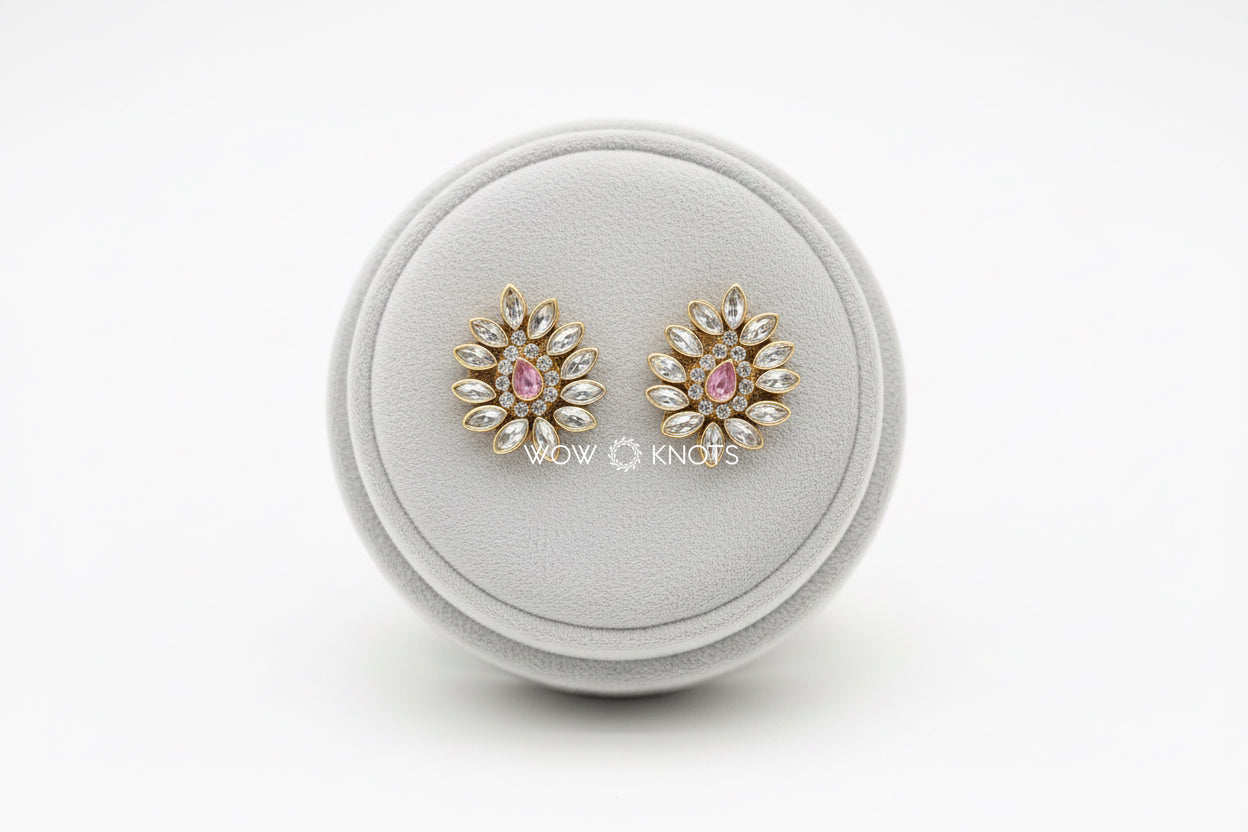 Glossy Baby Pink Drop Kundan Petal Earrings