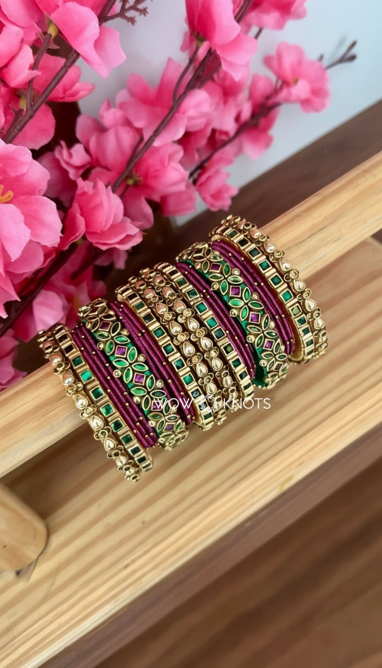 Magenta and Green Kundan Bridal Bangle Set