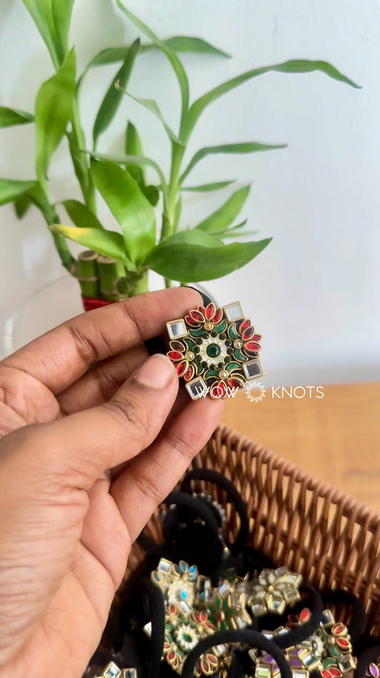 3D Lotus Kundan Rubber Band/Hair Tie - Red