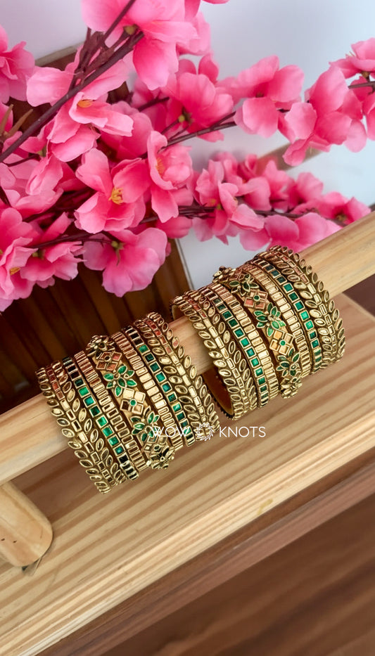 Green and Gold 3D Flower Kundan Bangle Set (Glossy Petal Side Kada Bangles)
