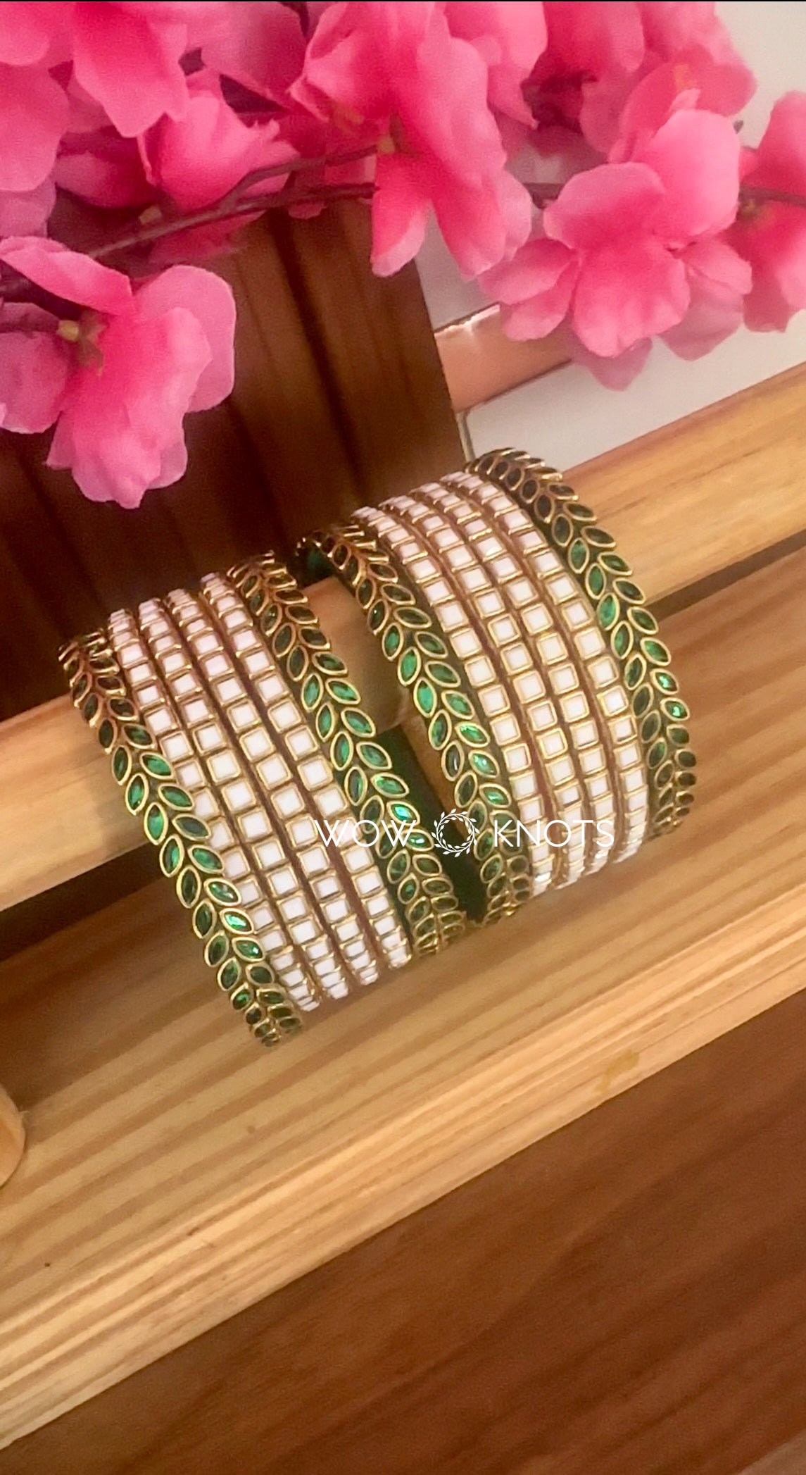 While and Green Petal Kada Bridal Bangle Set