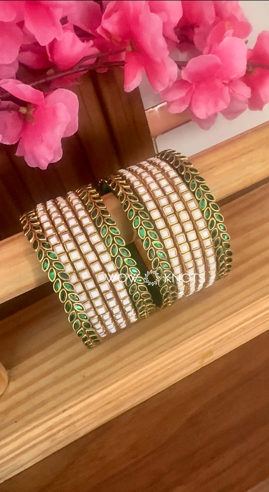 While and Green Petal Kada Bridal Bangle Set