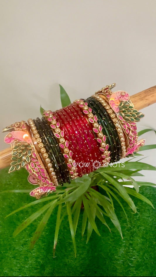 Parrot Kada Kundan Bangle Set in Pink and Green