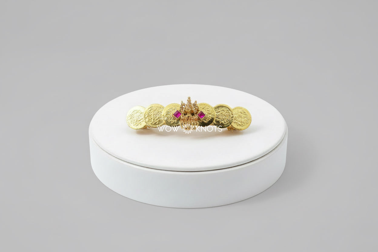 Handcrafted Traditional Lakshmi Coin and Charm Hair Clip With Pink Kundans