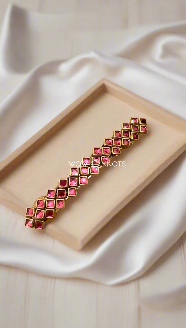 Onion Pink Square Kundan Barrette Clip – Handcrafted Hair Accessory