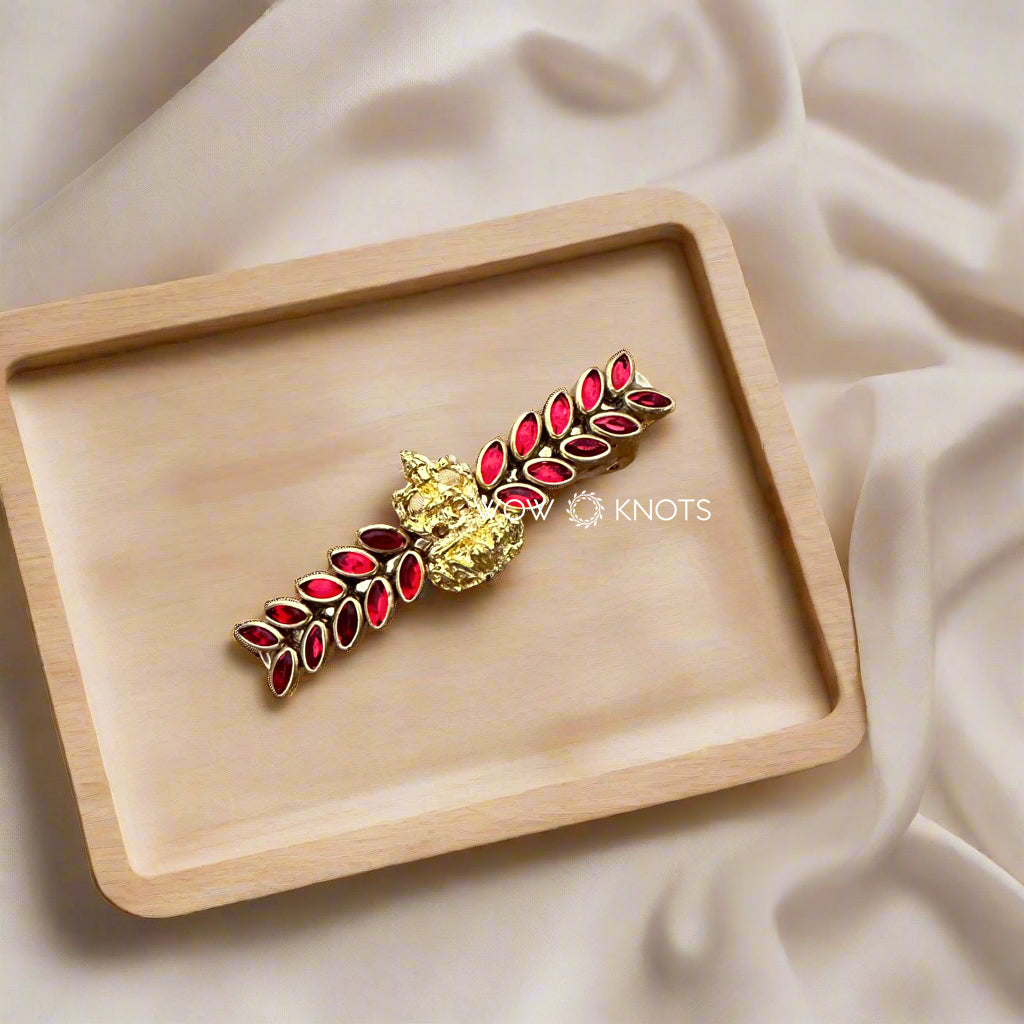 Red Glossy Leafy Lakshmi Charam Kundan Center Hair Clip/ Barrette Clip