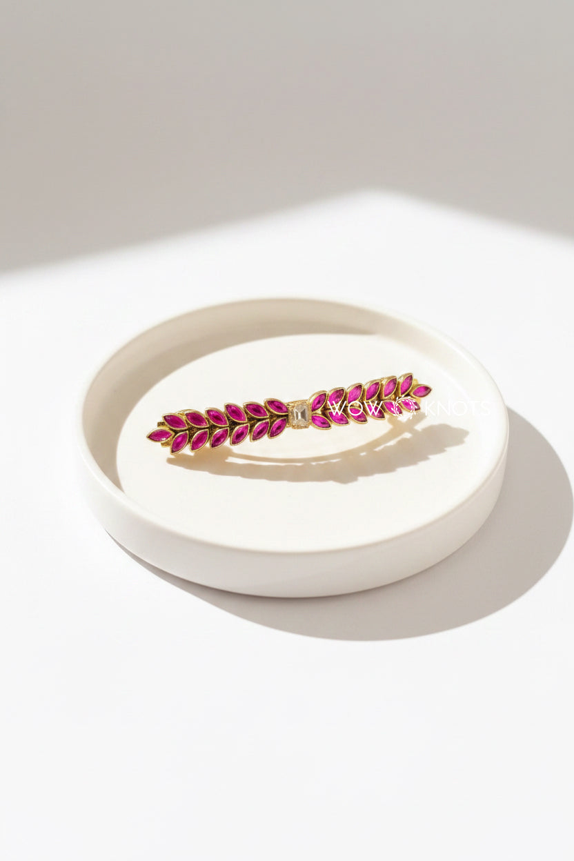 Rani Pink Kundan Petal Barrette Clip with White Stone – Handcrafted Hair Accessory