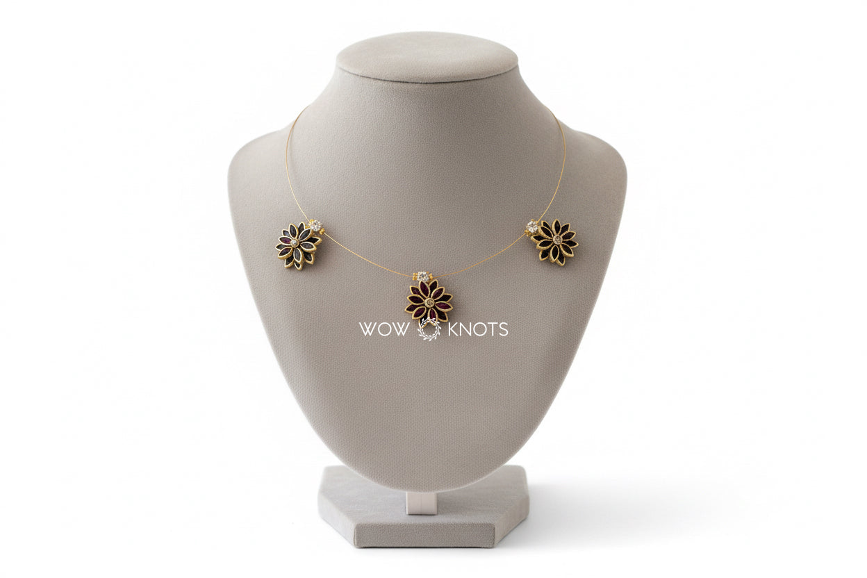 Handmade 3D Petal Flower 3 Charm Kundan Invisible Necklace in Wine